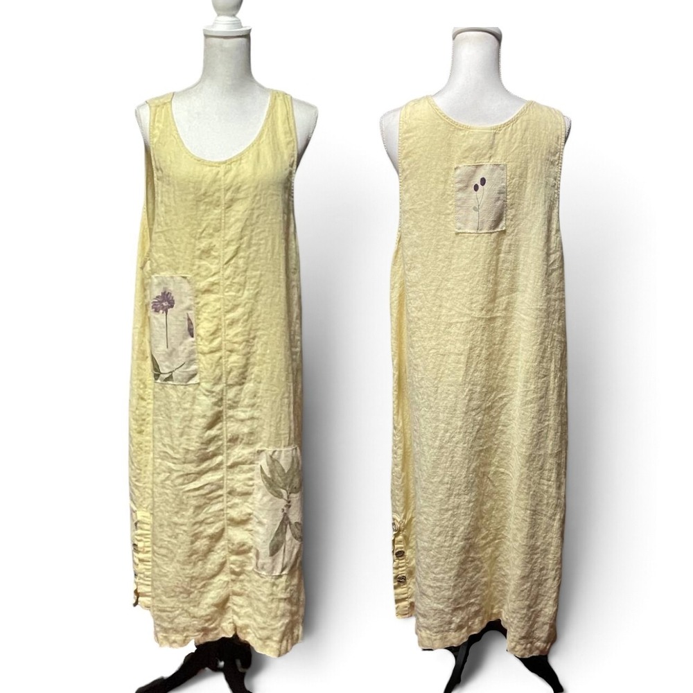 Vintage Yellow Cotton Linen Maxi Dress XL Sleeveless Floral Lagenlook